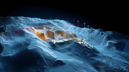 Poster - A futuristic visually stunning geological simulation that integrates lidar and radar data to create a highly detailed predictive model of a rugged mountainous landscape