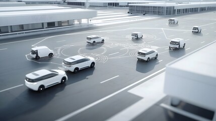 Poster - A highway scene depicting multiple autonomous vehicles seamlessly navigating through traffic connected by advanced sensor networks and communication systems