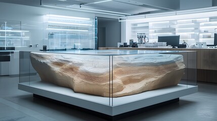 Fototapete - A holographic display showcasing advanced 3D geological mapping technology in a modern minimalist scientific research lab