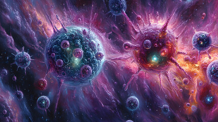 Wall Mural - Cosmic Entities: a captivating digital artwork showcasing a cluster of vibrant, spherical cosmic bodies surrounded by swirling nebulae.