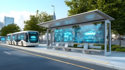 Poster - A modern bus stop equipped with holographic digital displays and technology to guide the arrival of autonomous energy efficient electric vehicles in a sustainable connected city environment
