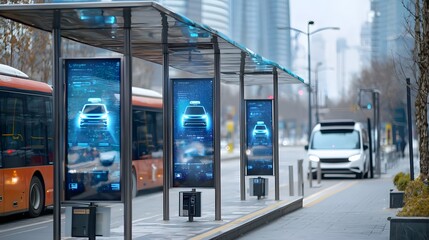 Leinwandbilder - A modern urban bus stop featuring holographic displays that provide information about the arrival of Lidar equipped autonomous electric vehicles