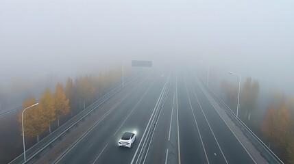 Fototapete - A self driving electric vehicle navigates a dense misty highway surrounded by autumn foliage