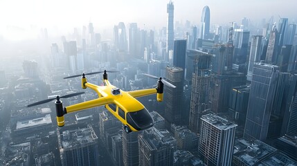 Aufkleber - A sleek yellow drone like aerial vehicle navigating through a towering cityscape showcasing the potential of future transportation and urban mobility solutions