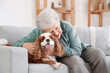 © Pixel-Shot - Senior woman with cute cavalier King Charles spaniel dog sitting on sofa at home