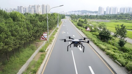 Leinwandbilder - Aerial perspective showing an autonomous vehicle equipped with Lidar sensors navigating an urban road surrounded by greenery and high rise buildings