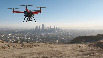 Leinwandbilder - An aerial drone capturing a high altitude view of a dense urban cityscape with skyscrapers and infrastructure visible below against a hazy skyline