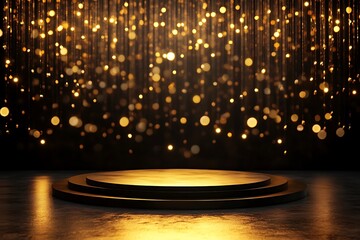 Wall Mural - golden bokeh lights illuminate a dark, circular podium.