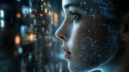 Wall Mural - cyber city, digital technology and global computerization. big data concept in 3d illustration. neur