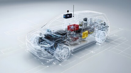 Fototapete - Detailed cross section view of an autonomous vehicle s internal structure highlighting the of advanced radar and Lidar sensor technologies for enhanced navigation and safety