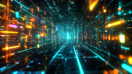 Wall Mural - cyber network, big data, digital nano space. metaverse of the coding flow of neural networks of the 