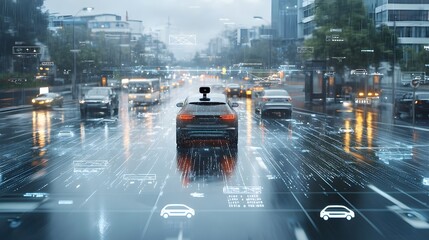 Leinwandbilder - Futuristic cityscape during a thunderstorm showcasing self driving electric vehicles navigating the streets with the aid of advanced Lidar sensor technology instead of traditional
