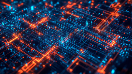 Blockchain Internet technologies. Binary code big data. Information technology, digital data stream. Data analysis. Quantum computer concept. 3D illustration of circuit