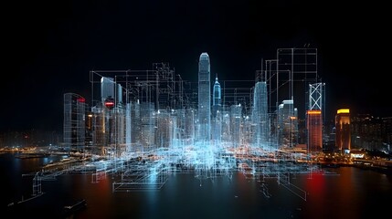 Aufkleber - Vibrant high tech cityscape with a skyline of modern illuminated skyscrapers reflecting in the river at night