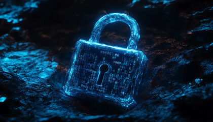glowing digital padlock with binary code, cybersecurity and online data protection concept image