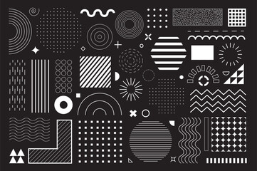 Aufkleber - Geometric shapes mega set elements in flat graphic design. Bundle objects of circles, squares, triangles, hexagons with halftone, dots and lines pattern, waves and curve lines. Vector illustration.