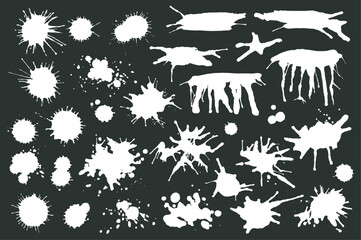 Aufkleber - White ink drops and splashes set elements in flat graphic design. Bundle objects of grunge stains and drips, messy paintbrush blots, grainy splattered texture, dirty paint spots. Vector illustration.