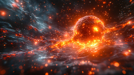 Wall Mural - Cosmic Genesis: A fiery cosmic body pulses with energy amidst swirling nebulae, a vibrant display of the universe's raw power.