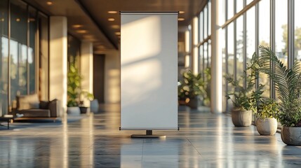 Fototapete - A spacious lobby showcases a blank display stand, surrounded by vibrant plants basking in the soft afternoon sunlight streaming through large windows, creating an inviting atmosphere