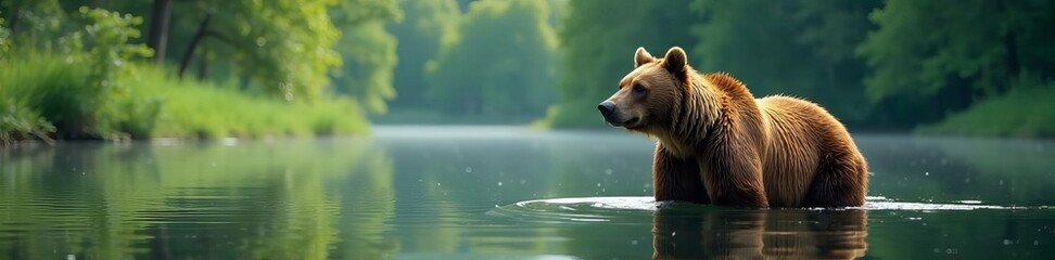 majestic brown bear wading in tranquil lake surrounded by lush green forest, wildlife, lake, nature