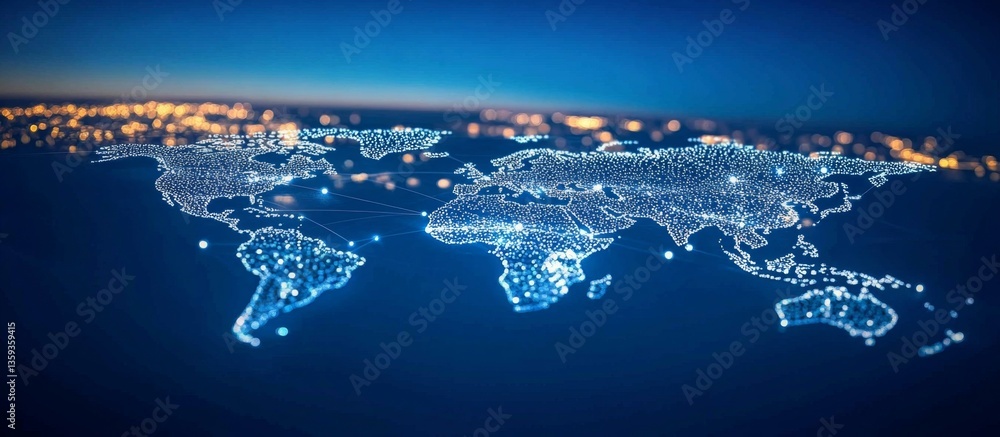 A digital world map made of glowing data points and code lines ...