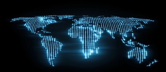 Digital world map made of binary code and glowing lights on a dark background, representing the global network concept with digital technology for online communication 