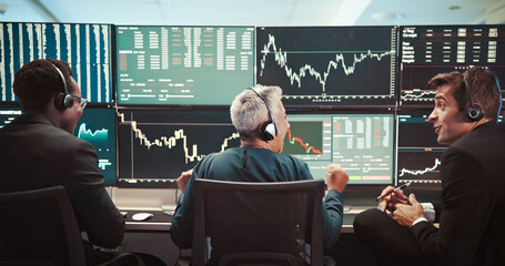 Leinwandbilder - Computer screen, finance or people celebrate for stock market, financial analytics or profit success. Fintech, office or back of men or woman on monitor for online investment, revenue charts or bonus