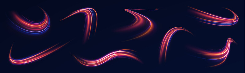 Wall Mural - neon purple line streaks with speed on the expressway, creating an effect of blue light in the backg