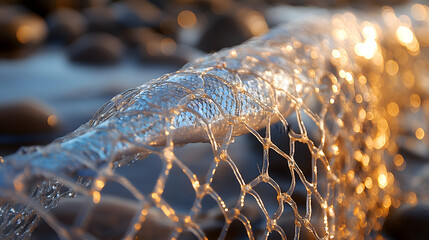 Trapped Illusion: An artistic close-up of a fishing net with a blur background, capturing the delicate texture of the net, with sunlight sparkling on the water.