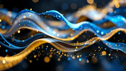Canvas Print - abstract digital waves with flowing light particles in blue and gold hues on a dark background