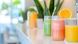 © Anastasiia - A variety of colorful smoothies and juices in glass containers, garnished with fruit, on a bright counter. Concept Colorful Smoothies, Fresh Juices, Bright Counter Display, Fruit Garnishes