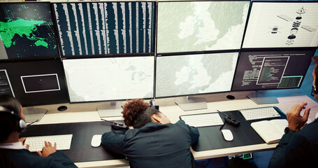 Poster - Screen, sleeping or woman in office for overtime, forecast report or ecology research in night. Exhausted, fatigue or tracking technology with maps for meteorology, weather radar or climate change