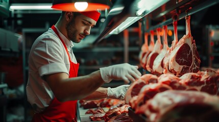 Wall Mural - A butcher in a white coat and red apron selects a cut of meat from a hanging rack in a cold storage room.