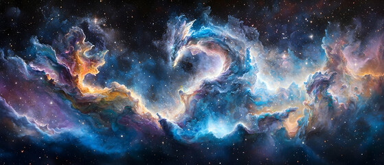cosmic nebula painting with vibrant blue purple and orange hues