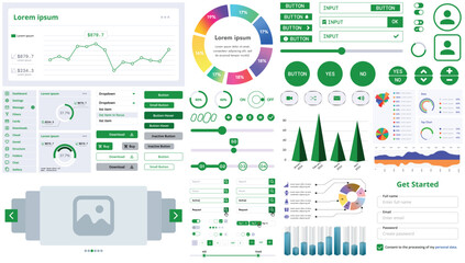 Wall Mural - A set of interface elements for apps and websites with a modern design: buttons, menus, charts, and sliders, perfect for finance, business, and multimedia with colorful accents.