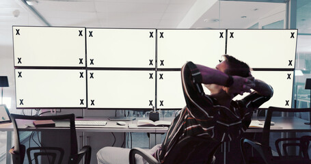 Leinwandbilder - Relax, man or space on screen in finance control room for trading, web or stock market prices in night. Break, tracking markers or trader on computer with back, mockup or technology in data center