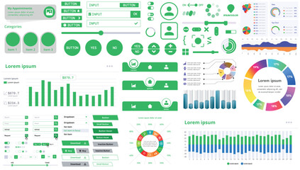 Wall Mural - A set of interface elements for apps and websites with a modern design: buttons, menus, charts, and sliders, perfect for finance, business, and multimedia with colorful accents.