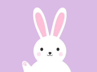 Wall Mural - easter bunny with paw up. cute white bunny on purple pastel background. happy easter card. vector il