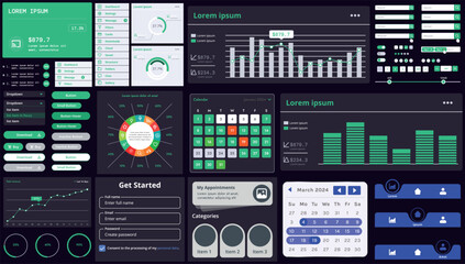 A set of modern interface elements for apps and websites: buttons, graphs, charts, and menus, perfect for business, dashboards, and responsive layouts.