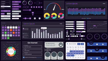 A set of modern interface elements for apps and websites: buttons, graphs, charts, and menus, perfect for business, dashboards, and responsive layouts.
