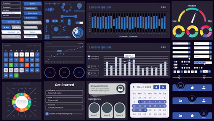 A set of modern interface elements for apps and websites: buttons, graphs, charts, and menus, perfect for business, dashboards, and responsive layouts.