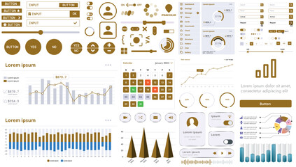 A set of modern interface elements for apps and websites: buttons, graphs, charts, and menus, perfect for business, dashboards, and responsive layouts.