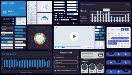 A set of modern interface elements for apps and websites: buttons, graphs, charts, and menus, perfect for business, dashboards, and responsive layouts.
