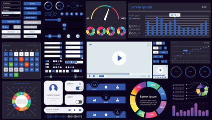 A set of modern interface elements for apps and websites: buttons, graphs, charts, and menus, perfect for business, dashboards, and responsive layouts.