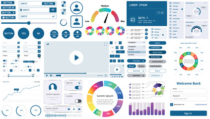 A set of modern interface elements for apps and websites: buttons, graphs, charts, and menus, perfect for business, dashboards, and responsive layouts.