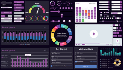 A set of modern interface elements for apps and websites: buttons, graphs, charts, and menus, perfect for business, dashboards, and responsive layouts.