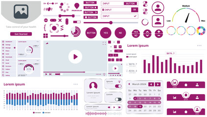A set of modern interface elements for apps and websites: buttons, graphs, charts, and menus, perfect for business, dashboards, and responsive layouts.