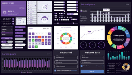 A set of modern interface elements for apps and websites: buttons, graphs, charts, and menus, perfect for business, dashboards, and responsive layouts.