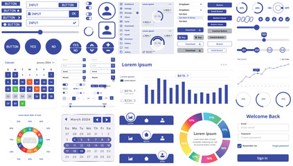 A set of modern interface elements for apps and websites: buttons, graphs, charts, and menus, perfect for business, dashboards, and responsive layouts.