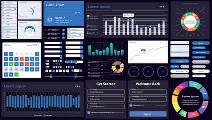 A set of modern interface elements for apps and websites: buttons, graphs, charts, and menus, perfect for business, dashboards, and responsive layouts.